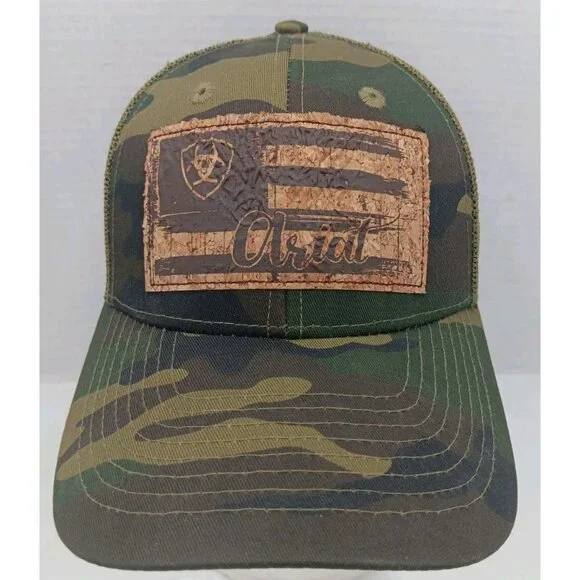 Ariat Flag Patch Baseball Hat Cap Green Camo Mesh Back Snap Back Cork Patch - Picture 1 of 8
